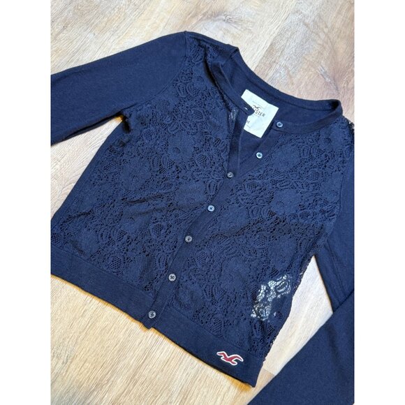 Y2K Hollister Navy Blue Lace Front Button Cardigan Sweater M - Picture 6 of 6